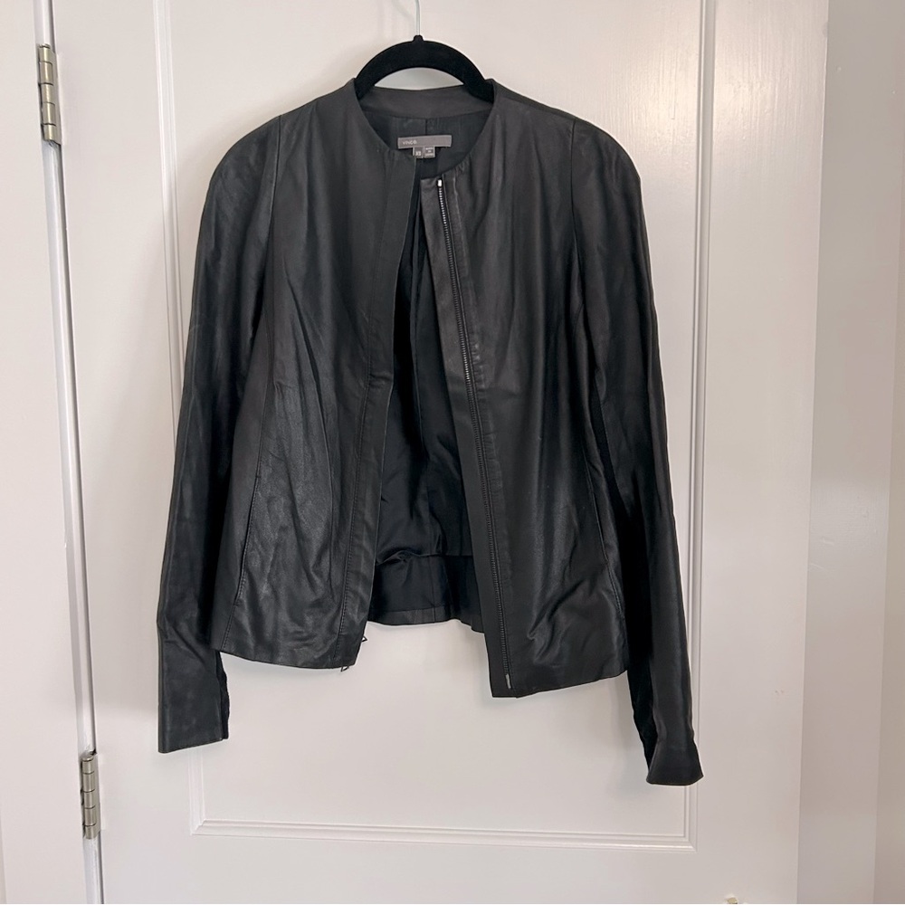 Vince Black Leather Jacket XS Collarless Zip Front Minimalist Luxe